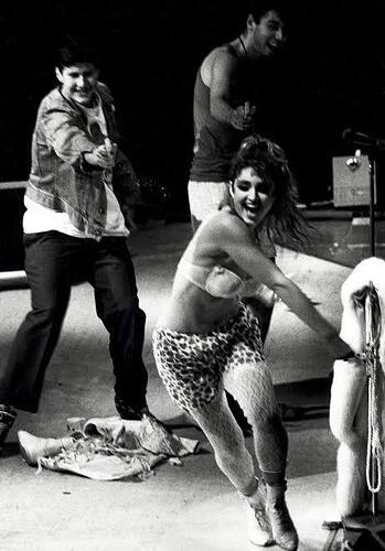 The Beastie Boys chasing Madonna with squirt guns after she played Material Girl at Madison Square Garden in 1985